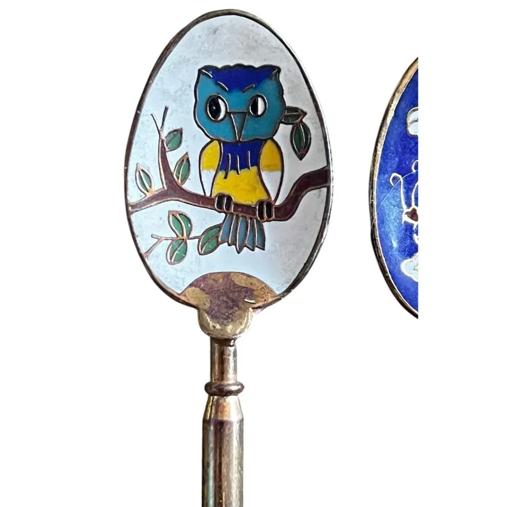 Vintage 1960s Cloisonné Enamel Decorative Spoons Set Of 5 Animal & Floral Design